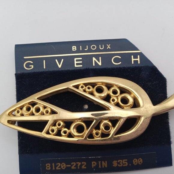 Givenchy Bijoux Vintage Modernist Pin Brooch Leaf Brushed Gold Chunky Signed 80s - Picture 6 of 14